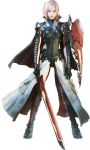  1girl 3d black_armor blue_eyes boots breastplate breasts cape final_fantasy final_fantasy_xiii highres leotard lightning_farron lightning_returns:_final_fantasy_xiii loincloth looking_at_viewer official_art pink_hair sword warrior 