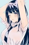 1girl armpit_peek arms_up bangs bare_arms black_hair black_neckwear blue_background blush breasts buttons collared_shirt eyebrows_visible_through_hair eyelashes half-closed_eye highres large_breasts long_hair looking_at_viewer loose_necktie necktie one_eye_closed open_collar original parted_lips shiny shiny_hair shirt short_necktie short_sleeves simple_background solo sweat sweatdrop symbol_commentary taut_clothes taut_shirt twitter_username upper_body violet_eyes white_shirt wing_collar yu_yu 