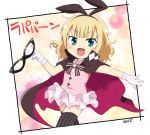  1girl animal_ears bangs blonde_hair blue_eyes blunt_bangs bow cape dress fake_animal_ears fancy_glasses frilled_skirt frills gloves gochuumon_wa_usagi_desu_ka? kirima_sharo motokazu_(dontokodon) open_mouth pink_dress rabbit_ears short_hair skirt solo striped striped_legwear thigh-highs vertical-striped_legwear vertical_stripes wavy_hair white_gloves 