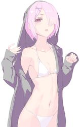  1girl bikini breasts collarbone cowboy_shot grey_jacket groin hair_ornament hair_over_one_eye hood hood_up hooded_jacket jacket kasutaso long_sleeves open_clothes open_jacket open_mouth pink_hair ram_(re:zero) re:zero_kara_hajimeru_isekai_seikatsu shiny shiny_hair short_hair sideboob simple_background small_breasts solo standing swimsuit white_background white_bikini x_hair_ornament 