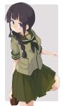  1girl bangs black_eyes black_hair black_neckwear blunt_bangs blush braid breasts brown_footwear closed_mouth eyebrows_visible_through_hair green_sailor_collar green_skirt highres kantai_collection kitakami_(kantai_collection) leg_up long_hair medium_breasts neckerchief pleated_skirt sailor_collar sala_mander school_uniform serafuku short_sleeves sidelocks simple_background single_braid skirt solo two-tone_background 