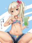  1girl akino_shuu barefoot bikini black_shorts blonde_hair blue_bikini blue_eyes commentary_request cutoffs denim denim_shorts drink drinking_straw grecale_(kantai_collection) halter_top halterneck jewelry kantai_collection long_hair looking_at_viewer multicolored multicolored_bikini multicolored_clothes necklace open_fly short_shorts shorts sitting solo swimsuit toenail_polish wavy_hair 