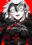  1girl armor au_(d_elite) chain cloak cross eyebrows_visible_through_hair eyes_visible_through_hair face fate/grand_order fate_(series) fur-trimmed_cloak fur_trim hair_between_eyes jeanne_d&#039;arc_(alter)_(fate) jeanne_d&#039;arc_(fate)_(all) open_mouth red_background signature simple_background smile solo teeth torn_clothes turtleneck upper_body white_hair yellow_eyes 