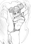  1girl bangs black_hair blunt_bangs breasts capcom drill_hair female female_only halterneck han_juri kicking large_breasts monochrome sidelocks simple_background sketch smile solo street_fighter street_fighter_iv takumi_watanuki tongue tongue_out twin_drills under_boob white_background 
