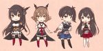  4girls akagi_(kantai_collection) apron black_eyes black_gloves black_hair blue_hakama brown_gloves brown_hair chibi elbow_gloves fingerless_gloves flight_deck full_body gloves green_eyes hairband hakama hakama_skirt headgear japanese_clothes kaga_(kantai_collection) kantai_collection kasumi_(skchkko) leaning_forward long_hair looking_at_viewer miniskirt multiple_girls muneate mutsu_(kantai_collection) nagato_(kantai_collection) partly_fingerless_gloves pleated_skirt red_eyes red_hakama red_legwear remodel_(kantai_collection) short_hair side_ponytail single_glove skirt tasuki thigh-highs white_gloves white_legwear yugake 