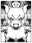  1girl angry armlet black_nails bob-omb bowsette bracelet breasts bullet_bill cleavage clothed collar crown dress earrings eyelashes fangs female female_focus frown genderswap genderswap_(mtf) horns huge_breasts lineart looking_at_viewer monochrome nintendo paw_pose sharp_fingernails sharp_teeth sidelocks solo_focus spiked_armlet spiked_bracelet spiked_collar super_mario_bros. takumi_watanuki upper_body 