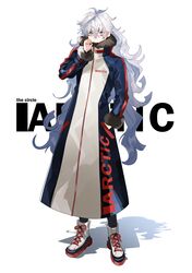  1other ahoge coat earrings fur-trimmed_coat fur_trim grey_eyes hair_between_eyes hand_in_pocket highres jewelry kyouichi long_hair open_mouth original shoes silver_hair single_earring sneakers standing teeth 