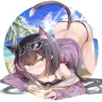  1girl 7gao animal_ear_fluff animal_ears ass bare_shoulders beach bikini black_bikini black_hair breasts cat_ears cat_girl cat_tail day eyewear_on_head green_eyes highres jacket karyl_(princess_connect!) long_hair long_sleeves looking_at_viewer low_twintails multicolored_hair no_pants off_shoulder outdoors princess_connect! princess_connect!_re:dive purple_jacket small_breasts solo streaked_hair sunglasses sunlight swimsuit tail thighs top-down_bottom-up twintails 