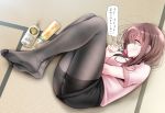  1girl baby_bottle beer_can black_legwear bottle breasts brown_hair can commentary_request green_eyes long_hair lying on_side oouso original pacifier pantyhose pencil_skirt skirt solo tatami thighband_pantyhose 