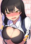  1girl bad_id bad_nicoseiga_id bangs black_hair black_vest blush breasts character_name cleavage_cutout collared_shirt commentary_request dated gloves heart heart_cutout kantai_collection large_breasts long_hair navel nose_blush open_mouth outline oyashio_(kantai_collection) pink_background shirt short_sleeves solo taketora_suzume tears upper_body vest white_gloves white_outline white_shirt yellow_eyes 