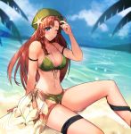 1girl ahoge arm_strap beach beret bikini blue_eyes blue_sky blush breasts chiori_(pixiv9569926) clouds commentary_request day green_bikini green_headwear green_sarong grin hat hat_ornament highres hong_meiling large_breasts long_hair looking_at_viewer midriff navel ocean outdoors palm_tree redhead sarong sitting sky smile solo star_(symbol) star_hat_ornament swimsuit thigh_strap thighs touhou tree 