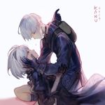  1boy 1girl artist_name backpack bag black_choker black_gloves black_hairband blue_eyes blush choker closed_mouth crying dated feather_trim gloves green_backpack grey_background hairband hand_on_another&#039;s_face holding holding_another kanu_(kanu_0001) kneeling looking_at_another nier_(series) nier_automata parted_lips puffy_sleeves short_hair signature tears white_hair yorha_no._2_type_b yorha_no._9_type_s 
