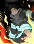  1boy bangs barefoot black_hair city collarbone en&#039;en_no_shouboutai fire full_body grin highres kedama_(fxdm8544) male_focus night official_style red_eyes sharp_teeth shinra_kusakabe smile solo teeth 