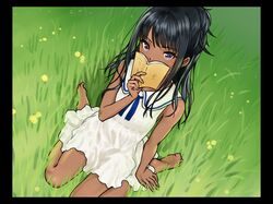  1girl bangs bare_shoulders barefoot black_hair blue_ribbon book covering_mouth dark_skin dokiyuri dress eyebrows_visible_through_hair grass idolmaster idolmaster_shiny_colors kazano_hiori long_hair looking_at_viewer mole mole_under_mouth open_book outdoors ponytail ribbon sailor_collar sailor_dress sitting sleeveless sleeveless_dress solo sundress tan violet_eyes wariza white_dress white_sailor_collar 