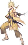  1boy blonde_hair blood braid chiganemaru_(touken_ranbu) clenched_hand feathers full_body hair_feathers highres injury japanese_clothes male_focus namaniku_atk official_art open_mouth pants sandals sheath side_braid sword tassel torn_clothes torn_pants touken_ranbu transparent_background wakizashi weapon yellow_eyes 
