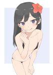  1girl :q bikini black_bikini black_hair blue_background blush border child cowboy_shot flat_chest flower hair_flower hair_ornament hand_up highres leaning_forward little_mare long_hair looking_at_viewer original red_flower smile solo standing swimsuit tongue tongue_out violet_eyes white_border 