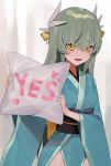  1girl aqua_hair bangs bebe_pp blush breasts commentary_request dragon_horns eyebrows_visible_through_hair fate/grand_order fate_(series) green_hair hair_between_eyes hands_up highres holding holding_pillow horns japanese_clothes kimono kiyohime_(fate/grand_order) long_hair looking_at_viewer open_mouth pillow signature smile solo very_long_hair yellow_eyes yes-no_pillow 