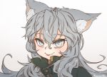  1girl :p animal_ear_fluff animal_ears copyright_request fang grey_eyes grey_hair hair_between_eyes long_hair looking_at_viewer mountain_han portrait signature simple_background skin_fang smile solo tongue tongue_out white_background 