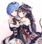 2girls absurdres animal_ear_fluff animal_ears apron bangs bare_shoulders black_dress black_hair black_sleeves blue_eyes blue_hair blush breasts cat_ears cat_girl cat_tail commentary_request crossover detached_sleeves dress eyebrows_visible_through_hair eyes_visible_through_hair frilled_apron frilled_dress frilled_sleeves frills frown green_eyes hair_ornament hair_over_one_eye hair_ribbon highres hug hug_from_behind karyl_(princess_connect!) long_hair looking_at_another looking_at_viewer low_twintails maid maid_headdress medium_breasts multicolored_hair multiple_girls princess_connect! princess_connect!_re:dive re:zero_kara_hajimeru_isekai_seikatsu rem_(re:zero) ribbon short_hair simple_background smile streaked_hair tail twintails waist_apron white_background white_hair white_legwear x_hair_ornament zeroillya 