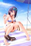  1girl ahoge ariake_(kantai_collection) barefoot beach_umbrella between_breasts bikini blue_sky bottle breasts brown_shorts chain clouds commentary_request day eyewear_on_head hair_over_one_eye kantai_collection long_hair looking_at_viewer lotion medium_breasts meihemu necktie outdoors purple_bikini purple_hair red_neckwear short_shorts shorts shorts_removed sky solo sunglasses sunscreen swimsuit umbrella violet_eyes 