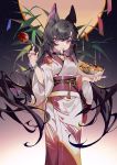  1girl animal_ear_fluff animal_ears bamboo bangs black_hair candy_apple commentary eyebrows_behind_hair fang food food_in_mouth full_moon hair_between_eyes highres holding holding_food japanese_clothes kimono long_hair machi_(7769) moon mouth_hold multicolored_hair night night_sky obi original purple_hair sash sky solo standing star_(sky) starry_sky symbol_commentary takoyaki tanabata tanzaku two-tone_hair very_long_hair violet_eyes white_kimono 