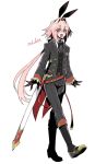  1boy animal_ears astolfo_(saber)_(fate) belt belt_buckle blush boots bow bowtie buckle commentary_request eyebrows_visible_through_hair eyes_visible_through_hair fake_animal_ears fate/grand_order fate_(series) formal full_body gloves hair_between_eyes haoro highres long_hair long_sleeves looking_at_viewer open_mouth pants pink_hair rabbit_ears sheath sheathed simple_background standing suit sword twitter_username violet_eyes watermark weapon white_background 