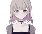  1girl bangs black_choker brown_hair choker closed_mouth collarbone ear_piercing earrings expressionless eyebrows_behind_hair grey_eyes heart heart_choker highres jewelry looking_at_viewer original piercing see-through short_hair simple_background solo tsuruse upper_body white_background 
