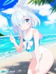  arona_(blue_archive) beach blue_archive blue_eyes blue_hair blush bunny_hair_ornament clouds copyright_name hair_ornament halo highres looking_at_viewer palm_leaf pn_(wnsl216) sand sky smile swimsuit v 