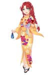  1girl :d absurdres alternate_costume bag bangs blue_eyes blush candy_apple commentary_request earrings floral_print food hair_ribbon highres holding holding_bag holding_food hong_meiling japanese_clothes jewelry kanta_(pixiv9296614) kimono long_braid long_hair looking_at_viewer low-tied_long_hair open_mouth orange_kimono parted_bangs print_kimono redhead ribbon side_braids smile solo stud_earrings touhou transparent_background tress_ribbon white_ribbon 