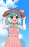  1girl :d arms_up bangs bare_arms bare_shoulders blue_sky blush bow brown_headwear clouds collared_dress commentary_request day dress eyebrows_visible_through_hair green_eyes green_hair hands_on_headwear hands_up hat hat_bow komeiji_koishi looking_at_viewer open_mouth outdoors pink_bow pink_dress sky sleeveless sleeveless_dress smile solo straw_hat touhou yamase 