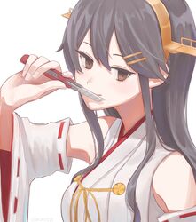  1girl absurdres bare_shoulders black_hair blade_to_mouth boxcutter brown_eyes close-up detached_sleeves hair_ornament hairclip haruna_(kantai_collection) headgear highres holding holding_boxcutter holding_knife kantai_collection knife long_hair looking_at_viewer nimono122 nontraditional_miko remodel_(kantai_collection) simple_background smile solo white_background 