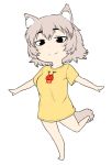  1girl animal_ear_fluff animal_ears black_eyes brown_hair chibi eyebrows_visible_through_hair light_smile no_pants original shirt short_hair solid_eyes solo standing standing_on_one_leg t-shirt tail tsukudani_(coke-buta) white_background 