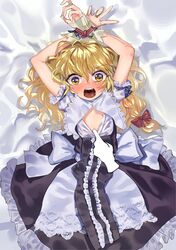  1girl absurdres arms_up bangs blonde_hair blue_ribbon blush bound bound_wrists bow braid disembodied_limb dress dress_pull eyebrows_visible_through_hair frilled_dress frills gunnjou_yosio hair_between_eyes hair_bow highres kirisame_marisa lace long_hair looking_at_viewer lying on_back open_mouth puffy_short_sleeves puffy_sleeves red_bow restrained ribbon ribbon_trim short_sleeves side_braid tears teeth tongue touhou uvula wavy_hair yellow_eyes 