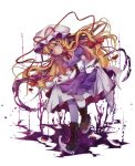  1girl blonde_hair boots cross-laced_footwear dress gloves gradient_eyes hat highres lace-up_boots long_hair looking_down mob_cap multicolored multicolored_eyes purple_dress shen_li short_sleeves skirt_hold smile solo touhou transparent_background white_gloves white_legwear yakumo_yukari 