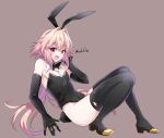  1boy animal_ears artist_name astolfo_(saber)_(fate) bare_shoulders bunny_tail bunnysuit commentary_request detached_collar elbow_gloves eyebrows_visible_through_hair fake_animal_ears fang fate/grand_order fate_(series) gloves grey_background hair_between_eyes highres leotard looking_at_viewer open_mouth otoko_no_ko pink_hair rabbit_ears simple_background skin_fang solo strapless strapless_leotard tail thigh-highs tongue twitter_username violet_eyes watermark 