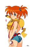  1girl artist_name ass bangs bare_shoulders belt breasts cowboy_shot eyebrows_visible_through_hair gen_1_pokemon green_eyes hair_between_eyes hand_on_hip heart kasumi_(pokemon) looking_at_viewer medium_breasts micro_shorts midriff on_shoulder optionaltypo orange_hair pikachu poke_ball poke_ball_(basic) pokemon pokemon_(creature) pokemon_on_shoulder shorts side_ponytail simple_background sleeveless smile solo suspenders white_background 