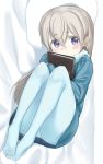  1girl blue_legwear blush curled_up eila_ilmatar_juutilainen english_commentary eyebrows_visible_through_hair fankupl highres lying notebook on_back pillow silver_hair solo strike_witches sweater violet_eyes world_witches_series younger 