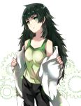  1girl bangs black_pants collarbone cowboy_shot green_eyes green_hair green_shirt head_tilt highres hiyajou_maho labcoat long_hair mady_(madine08260) pants parted_lips shiny shiny_hair shirt solo standing steins;gate steins;gate_0 very_long_hair white_background 