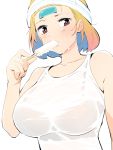  1girl bare_shoulders black_bra blonde_hair bra breasts bright_pupils food hand_up headband huge_breasts large_breasts original popsicle see-through shirt short_hair simple_background solo tank_top underwear upper_body violet_eyes white_background white_headband white_pupils white_shirt youhei_64d 