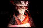  1boy black_background brown_eyes brown_hair chrome_(dr._stone) clenched_hand doran7280 dr._stone fire hair_between_eyes hand_on_own_chest highres short_hair simple_background solo spiky_hair 