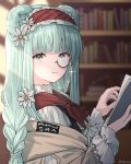  1girl alternate_costume amopui animal_ears arknights bangs bear_ears blue_eyes blue_hair blurry blurry_background book bookshelf braid commentary_request eyebrows_visible_through_hair flower frilled_hairband frills hair_flower hair_ornament hairband highres holding holding_book indoors istina_(arknights) lolita_hairband long_hair long_sleeves monocle neckerchief red_hairband red_neckwear solo sparkle upper_body white_flower 