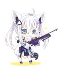  1girl ahoge animal_ears bangs black_dress blue_eyes braid chibi commentary_request detached_collar dress eyebrows_visible_through_hair fox_ears fox_girl fox_tail glasses gun hair_between_eyes hair_ornament hairclip highres holding holding_gun holding_weapon hololive jacket long_hair looking_at_viewer nanamikaze open_clothes open_jacket pentagram shirakami_fubuki sidelocks simple_background single_braid smug solo sparkle tail twintails virtual_youtuber weapon weapon_request white_background white_hair white_jacket 