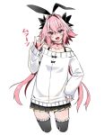  1boy animal_ears astolfo_(saber)_(fate) bare_shoulders blush bow bra bra_strap choker collarbone commentary_request cowboy_shot eyebrows_visible_through_hair eyes_visible_through_hair fake_animal_ears fangs fate/grand_order fate_(series) hair_between_eyes hair_bow haoro highlights highres long_hair looking_at_viewer multicolored_hair open_mouth pink_hair rabbit_ears simple_background skin_fangs skirt solo standing sweater thigh-highs tongue translation_request two-tone_hair underwear violet_eyes white_background white_hair zettai_ryouiki 