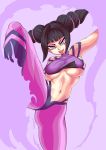  1girl bangs blunt_bangs breasts capcom colored drill_hair female female_only halterneck han_juri kicking large_breasts pink_background sidelocks simple_background smile solo street_fighter street_fighter_iv takumi_watanuki tongue tongue_out twin_drills under_boob 