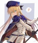  ! 1girl absurdres artoria_pendragon_(caster) blonde_hair blush cowboy_shot eyebrows_visible_through_hair fate/grand_order fate_(series) gloves green_eyes hair_between_eyes hat highres long_hair sheath sheathed solo speech_bubble standing sword twintails weapon yorukun 
