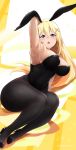  1girl alternate_costume animal_ears arm_up armpits bare_shoulders black_leotard blonde_hair blue_eyes blush breasts bunny_girl bunny_tail bunnysuit commentary_request curvy darkness_(konosuba) eyebrows_visible_through_hair hair_ornament high_heels highres jampen kono_subarashii_sekai_ni_shukufuku_wo! large_breasts leotard long_hair looking_at_viewer open_mouth pantyhose ponytail rabbit_ears simple_background sitting solo strapless tail thick_thighs thighs x_hair_ornament yokozuwari 