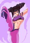  1girl bangs blunt_bangs breasts capcom colored drill_hair female female_only halterneck han_juri kicking large_breasts pink_background sidelocks simple_background smile solo street_fighter street_fighter_iv takumi_watanuki tongue tongue_out twin_drills under_boob 