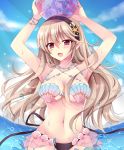  1girl arms_up black_hairband blue_sky clouds corrin_(fire_emblem) corrin_(fire_emblem)_(female) day fire_emblem fire_emblem_cipher fire_emblem_fates hairband highres kirishima_riona long_hair open_mouth outdoors pointy_ears red_eyes shell shell_bikini sky solo upper_body water white_hair 