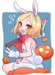  1girl absurdres animal_ears axe back bangs bare_shoulders blonde_hair blue_background blush border breasts bunny_tail bunnysuit fate/grand_order fate_(series) gloves highres jack-o&#039;-lantern leotard looking_at_viewer looking_back manami_(fearfac666) open_mouth orange_eyes parted_bangs pumpkin rabbit_ears red_neckwear sharp_teeth short_hair sitting small_breasts smile tail teeth thighs white_border white_gloves white_leotard 