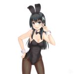  1girl absurdres animal_ears black_hair black_legwear black_leotard bow bowtie bunny_girl bunnysuit commentary_request cowboy_shot detached_collar fake_animal_ears flower green_eyes hair_flower hair_ornament hand_on_hip highres leotard long_hair looking_at_viewer pantyhose rabbit_ears sainohikari saten_ruiko simple_background smile solo standing strapless strapless_leotard to_aru_kagaku_no_railgun to_aru_majutsu_no_index v white_background wrist_cuffs 